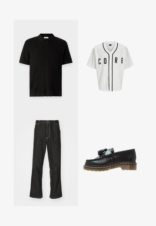 Jersey alb de baseball cu mâneci scurte, nasturi frontali negri și inscripție îndrăzneață "CORE" în negru. Prezintă dungi negre de accent pe guler.; Polo negru cu mânecă scurtă, confecționat dintr-un material texturat, cu un închidere cu nasturi în față și o guler clasic. Prezintă o margine dreaptă.; Jeans negri din denim, cu o croială largă, cu cusături albe contrastante, închidere cu nasture și un design cu picior drept.; Mocasini din piele neagră cu un finisaj texturat, având un ciucure decorativ și cusături contrastante de culoare galbenă, pe un toc masiv, transparent.