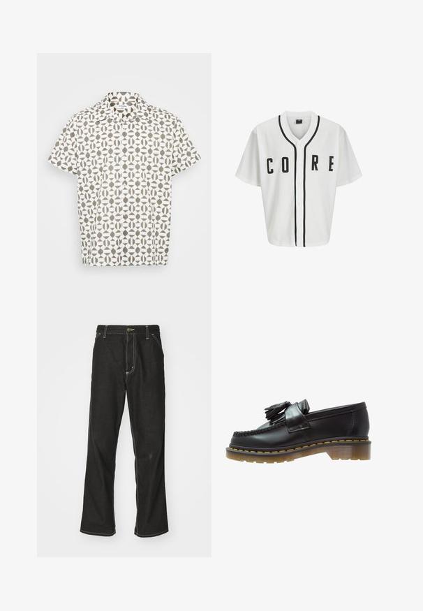 Balta beisbolo stiliaus marškinėliai trumpomis rankovėmis, juodais priekiais mygtukais ir ryškiu juodu užrašu "CORE". Kolaras puošia juoda akcentinė apdaila.; Trumpas rankovės mygtukų marškiniai iš baltos medžiagos su geometriniu ruduo raštu. Pasižymi klasikinio stiliaus apykakle ir subtiliu tekstūru.; Ilgavais baltas medvilninis marškinėliai su apykakle, su mažuoju geltonos ir raudonos spalvos logotipu kairėje krūtinės pusėje. Be siūlių rankogaliai ir pakloto kraštas.; Juodi džinsai su laisvu siluetu, turintys kontrastingas balto siūlo siūles, mygtuko uždarymą ir tiesų kojos dizainą.; Juodai odiniai loaferiai su tekstūruotu paviršiumi, dekoruoti dekoratyvinėmis kutais ir kontrastingomis geltonomis siūlėmis, ant masyvaus, skaidraus pado.