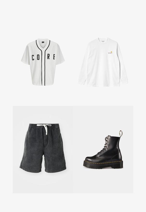 Witte honkbalstijl trui met korte mouwen, zwarte voorknopjes en gedurfde "CORE" letters in het zwart. Beschikt over zwarte accenten langs de kraag.; Witte katoenen T-shirt met lange mouwen en ronde hals, met een klein geel en bordeaux logo op de linkerborst. Naadloze manchetten en zoom.; Corduroy korte broek in donkergrijs met verticale strepen. Heeft een elastische tailleband met een witte trekkoord. Casual ontwerp geschikt voor warm weer.; Zwarte leren veterschoenen tot de enkel met een robuuste zwarte zool en gele stiksels. Kenmerkend zijn de trekloop aan de achterkant en de ronde metalen oogjes.