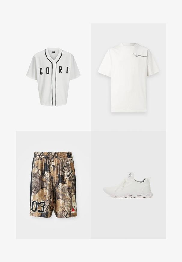 Bijela majica u bejzbol stilu s kratkim rukavima, crnim prednjim dugmadima i istaknutim crnim natpisom "CORE". Ima crne akcentne trake oko ovratnika.; Bijela pamučna majica kratkih rukava, okruglog izreza, s crnim tiskanim natpisom na prsima na kojem piše "Carhartt Work in Progress 1989."; Kratke hlače u kamuflažnom uzorku s elastičnim pojasom, u kombinaciji smešnih i crnih tonova, s velikom oznakom "03" u bijeloj boji i Adidas logom u crvenoj boji.; Bijele atletske tenisice s gornjim dijelom od teksturiranog pletenog materijala, ravnim vezicama i jastučićem u potplatu s vidljivim zračnim komorama radi dodatne potpore.