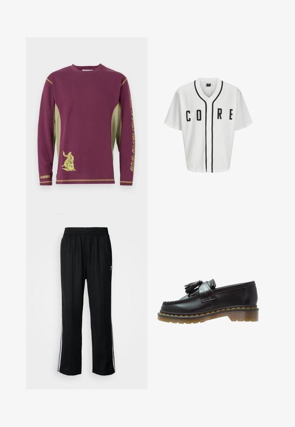 Weißes Baseball-Trikot mit kurzen Ärmeln, schwarzen Frontknöpfen und fett gedrucktem "CORE"-Schriftzug in Schwarz. Mit schwarzen Akzenten entlang des Kragens.; Langärmliges Shirt in Kastanienbraun mit gelben Akzenten, das einen grafischen Druck und seitliche Netzpaneele für Textur und Atmungsaktivität aufweist.; Schwarze Sporthosen mit elastischem Bund, ausgestattet mit weißen Seitenstreifen und einem kleinen Logo. Das Material wirkt weich und leicht.; Schwarze Lederloafer mit strukturiertem Finish, ausgestattet mit einer dekorativen Quaste und kontrastierenden gelben Nähten, auf einer klobigen, transparenten Sohle.