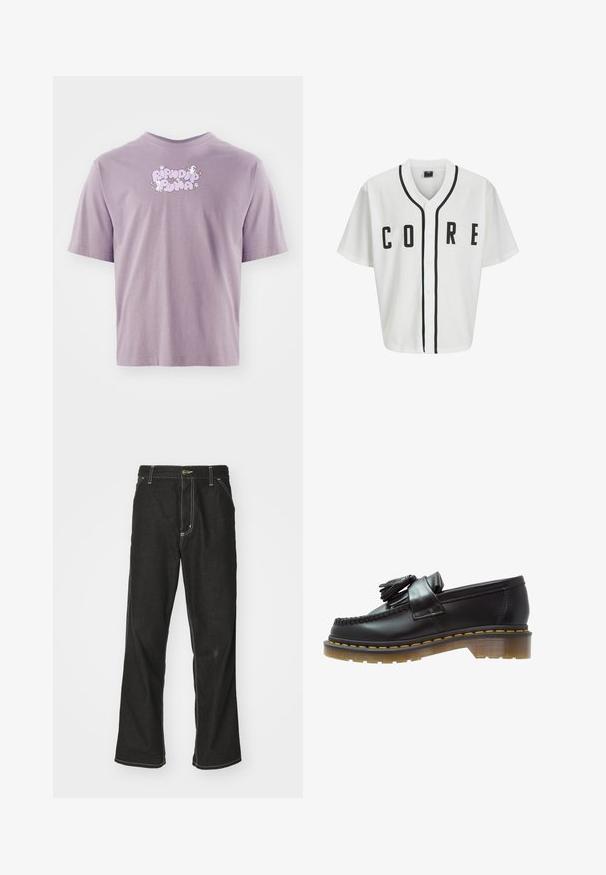 Weißes Baseball-Trikot mit kurzen Ärmeln, schwarzen Frontknöpfen und fett gedrucktem "CORE"-Schriftzug in Schwarz. Mit schwarzen Akzenten entlang des Kragens.; Lila Kurzarm-T-Shirt mit dem Schriftzug "Ripndip Plna", zwei weißen Katzen und kleinen weißen Blumen, die in Helllila und Weiß auf der Brust gedruckt sind.; Schwarze Denim-Jeans mit lockerer Passform, kontrastierenden weißen Nähten, einem Knopfverschluss und geradem Bein.; Schwarze Lederloafer mit strukturiertem Finish, ausgestattet mit einer dekorativen Quaste und kontrastierenden gelben Nähten, auf einer klobigen, transparenten Sohle.