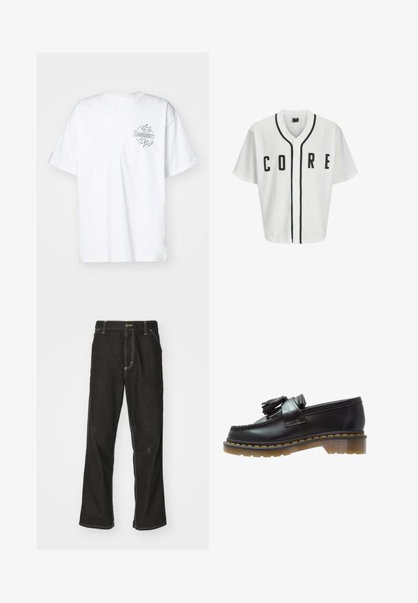 Jersey blanca estilo béisbol con mangas cortas, botones frontales negros y letras en negrita "CORE" en negro. Presenta un ribete negro a lo largo del cuello.; Carhartt WIP BLAZE - Camiseta estampada - white/black; Jeans de mezclilla negra con un corte holgado, que cuentan con costuras blancas contrastantes, cierre de botón y un diseño de pierna recta.; Mocasines de cuero negro con un acabado texturizado, que presentan un borlas decorativa y una costura amarilla en contraste, sobre una suela gruesa y transparente.