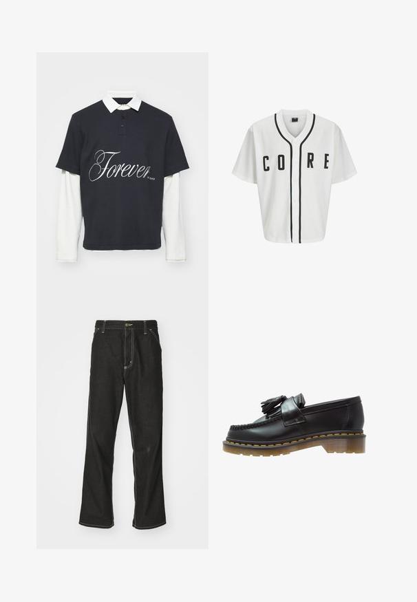 Weißes Baseball-Trikot mit kurzen Ärmeln, schwarzen Frontknöpfen und fett gedrucktem "CORE"-Schriftzug in Schwarz. Mit schwarzen Akzenten entlang des Kragens.; Navyblaues Polohemd mit kurzen Ärmeln und weißem Kragen, das mit einem auffälligen "Forever"-Grafik in Weiß versehen ist. Die untere Schicht ist langärmlig und weiß.; Schwarze Denim-Jeans mit lockerer Passform, kontrastierenden weißen Nähten, einem Knopfverschluss und geradem Bein.; Schwarze Lederloafer mit strukturiertem Finish, ausgestattet mit einer dekorativen Quaste und kontrastierenden gelben Nähten, auf einer klobigen, transparenten Sohle.