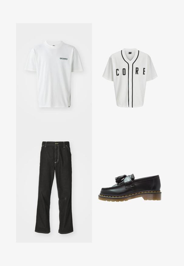Valge pesapallistiilis särk lühikeste varrukatega, mustad esih raamitud nupud ja julged "CORE" mustades tähtedes. Kaeluse äärtel on must aktsent trimmi.; Valge puuvillane T-särk lühikeste varrukatega, millel on vasakul rinnal roheline "DICKIES ON THE ROAD AGAIN" logo. Tavaline ümmargune kaelus.; Mustadest denimist püksid, lahtise lõikega, kontrastsete valgete õmblustega, nööbiga kinnitamine ja sirge säär.; Mustad nahast loojakad tekstureeritud viimistlusega, kaunistatud dekoratiivsete tupsudega ja kontrastset kollastniiti, paksel läbipaistval tallal.