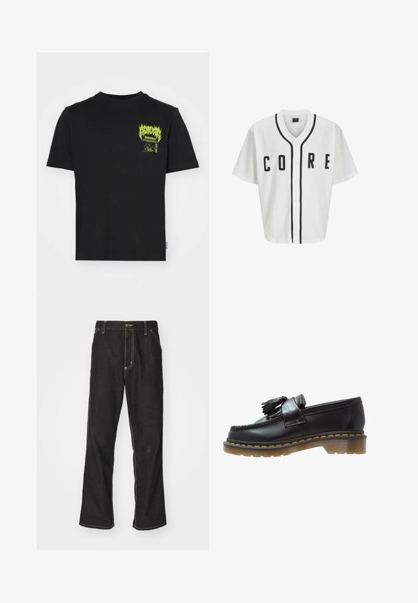 Bela bejzbolska majica s kratkimi rokavi, črni sprednji gumbi in poudarjeno besedilo "CORE" v črni barvi. Ima črne obrobe okrog ovratnika.; Črna bombažna majica s kratkimi rokavi, ki ima neonsko zelen grafični motiv in napis na levem prsnem delu, ter okroglo izrezana vrata.; Črne jeans hlače ohlapenega kroja, ki imajo kontrastno belo šivanje, zapiranje na gumb in ravno nogavico.; Črne usnjene loafersice z teksturirano površino, ki vsebujejo dekorativno rese in kontrastno rumeno šivanje, na masivnem prozornem podplatu.