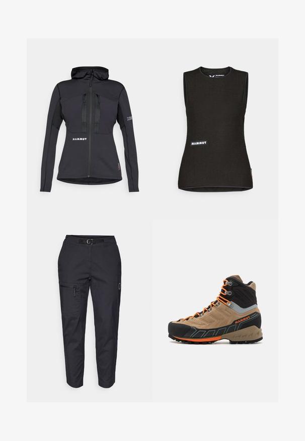 Crna atletska jakna s kapuljačom, s punim šavovima i teksturiranim panelima na rukavima. Logo na prednjoj strani i rukavu. Materijal dizajniran za fleksibilnost.; Crna majica bez rukava s teksturiranim uzorkom, ima okrugli izrez i "MAMMUT" logo sprijeda. Izrađena od prozračnog materijala.; Crne cargo hlače s pojasom, suženim nogavicama, džepom sa zatvaračem na bedru i suptilnim logotipom sa strane. Izdržljiva tekstura tkanine.; Bež i crna visoka planinarska čizma s narančastim vezicama, gumeni zaštitni vrh, teksturirani gornji dio i robusna potplat. Ima pojačanu podršku za gležnjeve.