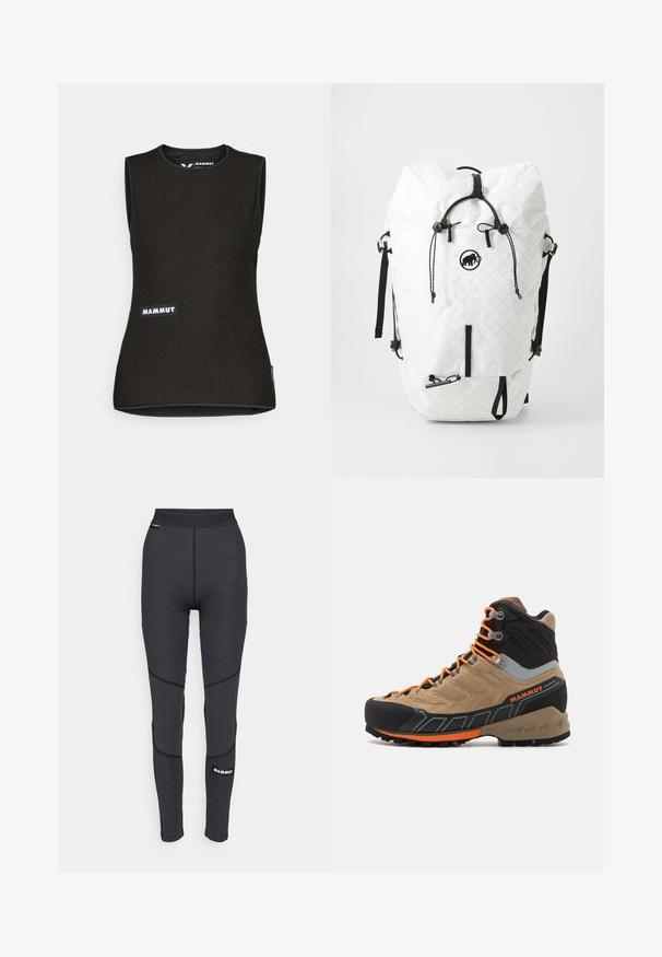 Juodas sportinis džemperis su kapuce, su užtrauktuko kišenėmis ir tekstūruota panelė ant rankovių. Logo priekyje ir ant rankovės. Medžiaga sukurta lanksčiam judėjimui.; Juodas be rankovių marškinėliai su tekstūruota raštu, apvaliu iškirpimu ir "MAMMUT" logotipu priekyje. Pagaminti iš pralaidaus oro medžiagos.; Juodos sportinės legginsai su tekstūruotomis dalimis ir sustiprintu siuvimu, turintys prekės ženklo logotipą ir plačią, elastinę juostą.; Šviesiai smėliniai ir juodi aukšti žygio batai su oranžinėmis raišteliais, guminėm priekine dalimi, tekstūruota viršutinė dalimi ir tvirtu padu. Yra sustiprinta kulkšnies parama.; Balta kuprinė, pagaminta iš čiužinio medžiagos su juodais akcentais. Turinti reguliuojamus diržus, sukramtomą uždarymo sistemą ir priekiniame skyriuje esantį užtrauktuką.