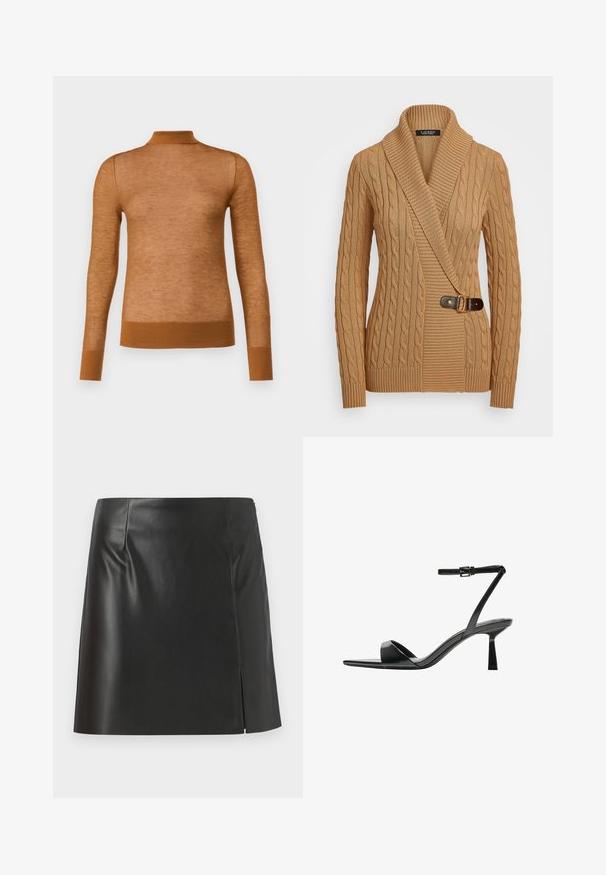 Beige Strickpullover mit Schal-Kragen, asymmetrischem Design und einem braunen Schnallendetail auf der linken Seite sowie gerippten Bündchen.; Braunes langärmliges Oberteil aus leichtem Material mit hohem Kragen und gerippten Bündchen. Die Textur wirkt glatt und leicht transparent.; Schwarzer Leder-Minirock mit geradem Schnitt, glatter Textur und seitlichem Reißverschluss sowie einem Schlitzdetail auf einer Seite.; Bershka High Heel Sandalette - black