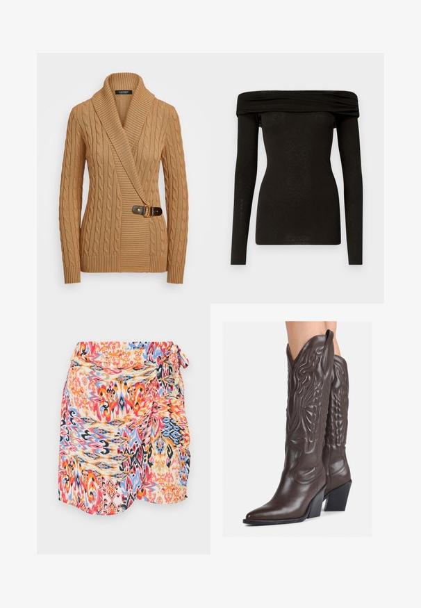 Maglione col beige a treccia con colletto a scialle, design asimmetrico, con dettaglio di fibbia marrone sul lato sinistro e polsini a coste.; Top lungo a maniche lunghe nero, off-the-shoulder, realizzato in un tessuto leggero e liscio con una leggera lucentezza e dettagli scollati drappeggiati.; Gonna avvolgente colorata e patterned con motivi a vortice in rosso, blu, arancione e giallo, dotata di un nodo laterale e realizzata in un tessuto morbido e leggero.; Stivali da cowboy in pelle marrone con punta affusolata e tacco a blocco, caratterizzati da dettagliati ricami e accenti rialzati sul gambale.