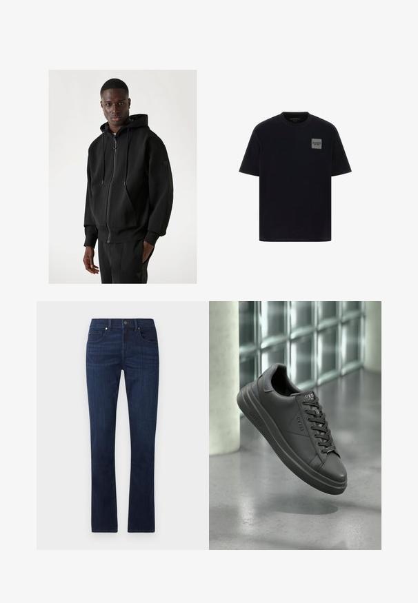 Sudadera con capucha negra hecha de tela suave, presenta una cremallera frontal, cordones, bolsillo tipo canguro y puños de canalé.; Camiseta de algodón negra con mangas cortas, que presenta un parche de logo gris cuadrado en el lado izquierdo del pecho. Diseño de cuello redondo, textura suave.; Jeans de mezclilla azul oscuro con un diseño de pierna recta, que presentan un cierre frontal de botón y cremallera, y un estilo clásico de cinco bolsillos.; Zapatillas de cuero negro con un acabado suave, que presentan una punta redondeada, acentos texturizados y un diseño de cordones. Logo visible en la lengüeta.