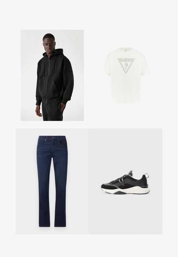 Hanorac negru cu glugă, fabricat dintr-un material moale, având fermoar în față, șnururi ajustabile, buzunar tip cangur și manșete ribbate.; Tricou din bumbac alb, având un grafic triangular mare de culoare gri cu textul „GUESS”, „U.S.A.” și „NINETEEN EIGHTY-ONE”. Mânici scurte, gât rotund.; Jeans din denim albastru închis cu un design drept, având un sistem de închidere cu buton și fermoar în față, și un stil clasic cu cinci buzunare.; Adidași negri cu un amestec de materiale din suede și plasă, talpă albă chunky și accente reflective. Design cu sistem de șireturi și cu o bandă de prindere.