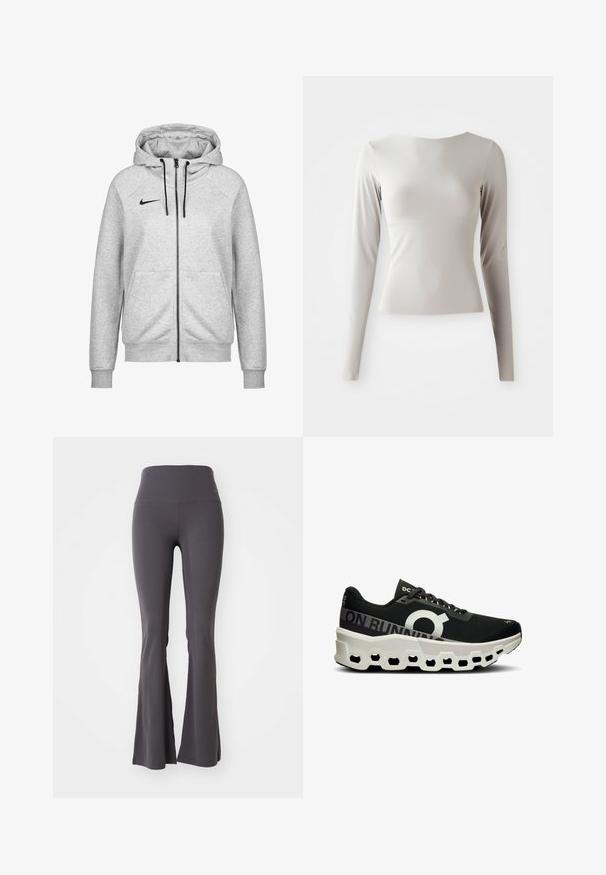 Felpa con zip grigia realizzata in un materiale morbido, dotata di cappuccio con lacci, tasche applicate, polsini a costine e un piccolo logo nero sul petto.; Maglione grigio chiaro a maniche lunghe realizzato in tessuto lucido e morbido, con scollatura rotonda e silhouette aderente. Orlo leggermente svasato sul fondo.; Pantaloni yoga grigi a campana realizzati in tessuto elasticizzato. Vita alta e texture liscia, con un design aderente che si allarga verso il fondo.; Scarpa da corsa nera con una tomaia in mesh testurizzato, logo bianco prominente e una suola modellata unica in bianco e nero con fori esagonali.
