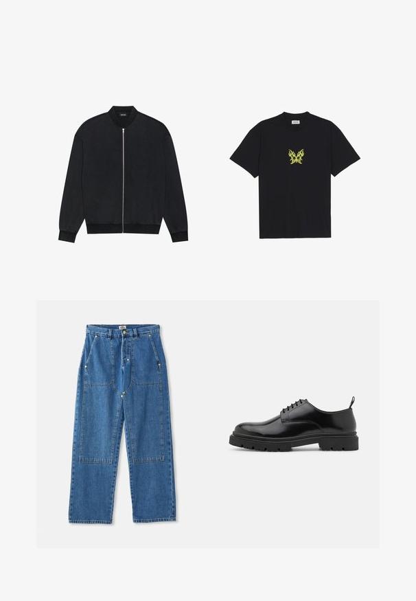 Czarna kurtka bomberka wykonana z gładkiego materiału, z zamkiem błyskawicznym z przodu, żebrowanym kołnierzem oraz długimi rękawami zakończonymi elastycznymi mankietami.; Czarna bawełniana koszulka z małym graficznym motywem żółtego motyla w kształcie płomienia na piersi. Okrągły dekolt, krótkie rękawy.; Niebieskie dżinsowe spodnie o szerokich nogawkach charakteryzują się wysokim stanem, dużymi kieszeniami z przodu oraz charakterystycznym wzorem patchworkowym z widocznymi szwami i metalowymi elementami.; Czarne skórzane buty sznurowane z okrągłym noskiem, gładką teksturą i żłobioną gumową podeszwą. Posiadają mały obcas i pętlę z tyłu.