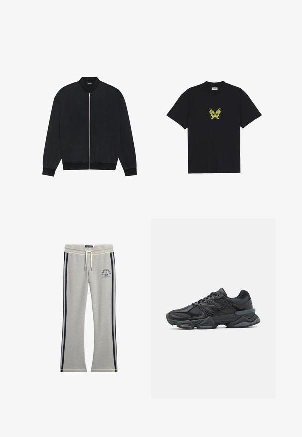 Chaqueta bomber negra hecha de tejido suave, con cierre de cremallera en la parte frontal, cuello acanalado y mangas largas con puños elásticos.; Camiseta de algodón negra con un pequeño gráfico de mariposa con patrón de llamas amarillas en el pecho. Cuello redondo, mangas cortas.; Pantalones de chándal grises hechos de una mezcla de algodón, con franjas laterales en color marino, una cinturilla elástica y un estampado de logo en la parte superior izquierda.; Zapatilla de running negra que presenta una combinación de malla y materiales sintéticos, suela gruesa, diseño curvado y una marca prominente en el costado.