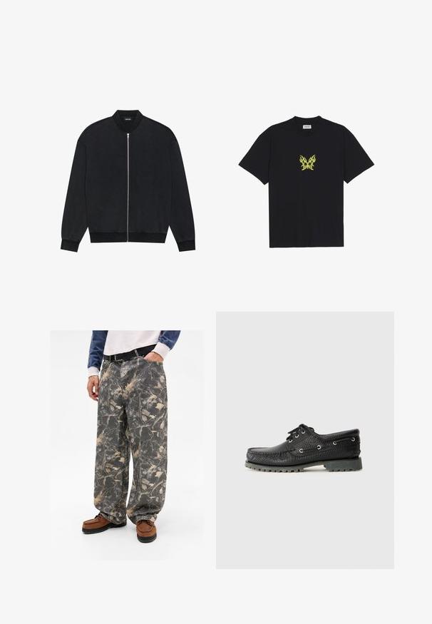 Crna bomber jakna od glatkog materijala, s prednjim zatvaračem, rebrastim ovratnikom i dugim rukavima s elastičnim manžetama.; Crna pamučna majica s grafikom leptira u malom žutom plamenu na prsima. Okrugli izrez, kratki rukavi.; Proširene siva hlače s uzorkom lišća i grana, izrađene od denima. Uparene s smeškim mokasinkama, prikazujući ležernu odjeću.; Crne teksturirane cipele sa vezanjem, okruglim vrhom, metalnim rupama i izdržljivom sivom gumenom podlogom. Imaju tkanu šemu na gornjem delu.