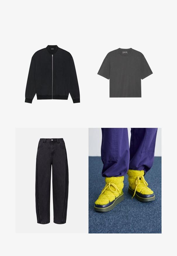 Black bomber jacket made of smooth fabric, featuring a zippered front, ribbed collar, and long sleeves with elastic cuffs.; Dark gray t-shirt with short sleeves, round crew neck, made of soft fabric. No visible patterns or graphics, simple design.; Black wide-leg jeans made of denim with a smooth texture. Features a high waist, front pockets, and button closure at the waistband.; Yellow fluffy boots with a round toe, textured fabric, and green rubber sole. Features yellow laces and a navy blue accent around the toe.