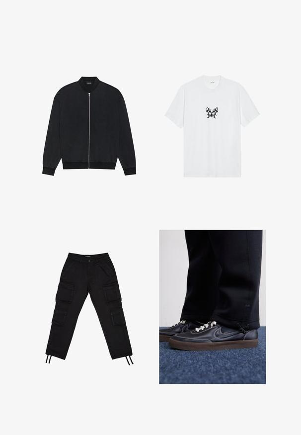 Svart bomberjakke laget av glatt stoff, med glidelås foran, ribbestrikket krage og lange ermer med elastiske mansjetter.; Hvit bomulls t-skjorte med kort erme og rund hals. Har et sentralt svart flamme-mønster av sommerfuglgrafikk. Glatt tekstur.; Svarte cargobukser med flere store sidelommer, snøring i midjen, innsnevrede benåpninger og en glatt stofftekstur.; Nike Sportswear KILLSHOT 2 LTR PRM OPP2 - Joggesko - black sail baroque brown mtlc dk grey