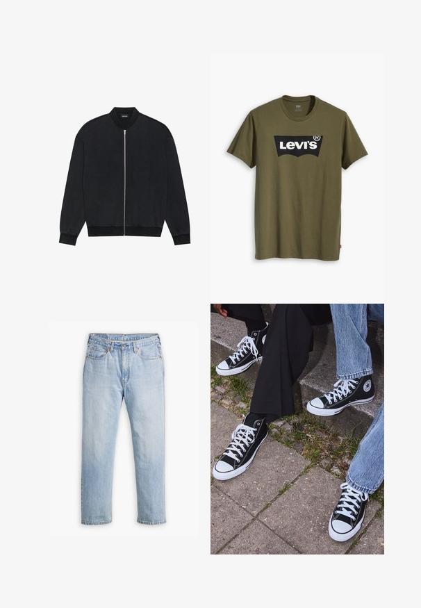 Mustmust hülg, mis on valmistatud siledast kangast, millel on lukuga esiosa, ribikrae ja pikad varrukad elastsete soonikutega.; Õliva rohelise puuvillase T-särgiga, millel on suur must Levi'si logo kollase poolkaarekujulisena üle rinna. Regulaarne lõige.; Heledad hall sinised teksad sirge sääre disainiga, viie taskuga stiil ja kontrastne õmblus. Kõhukohal nööp ja lukk.; Mustad musta värvi kõrged kanvasist tossud valgete kummitaldade ja nööridega, külgedel ringikujuline logo ning kombineeritud denimist ja mustade pükstega.