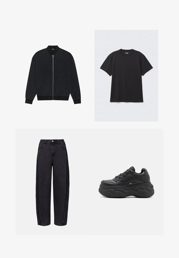 Casaco bomber preto, feito de tecido suave, com fecho éclair à frente, colarinho canelado e mangas longas com punhos elásticos.; T-shirt preta de manga curta feita de algodão. Apresenta um decote redondo e um corte descontraído. Design simples, sem padrões ou detalhes visíveis.; Calças largas pretas em denim com uma textura suave. Apresentam uma cintura alta, bolsos frontais e fecho de botão na cintura.; Ténis plataforma pretos feitos de material sintético, com forma arredondada, sola texturizada e detalhes de atacadores em contraste. Logotipo na lateral.