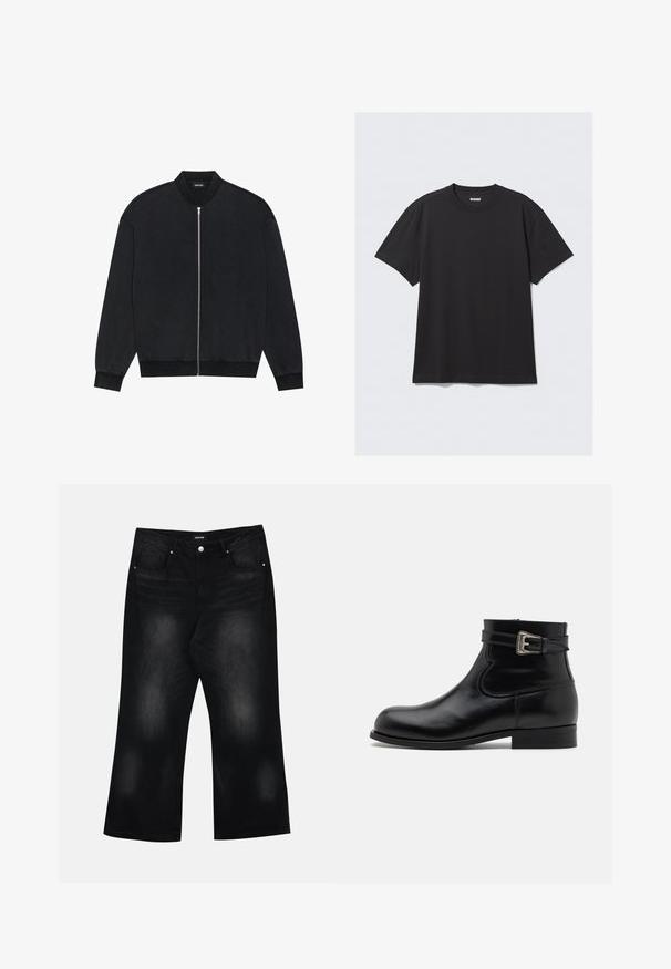 Jachetă bombăr neagră, realizată dintr-un material neted, având un fermoar frontal, guler ribbinat și mâneci lungi cu manșete elastice.; Tricou negru cu mânecă scurtă, din bumbac. Are un decolteu tip crew și o croială lejeră. Design simplu, fără modele sau accente vizibile.; Jeans negri cu croi larg, din denim, având două buzunare frontale, decolorare subtilă și închidere cu button la talie.; Botină din piele neagră, cu vârful rotund, accent cu cataramă pe lateral și toc mic. Textură netedă cu un finisaj lustruit și detalii minime de cusătură.