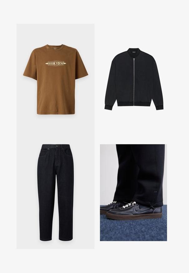 Chaqueta bomber negra hecha de tejido suave, con cierre de cremallera en la parte frontal, cuello acanalado y mangas largas con puños elásticos.; Camiseta de algodón marrón de manga corta, con un logotipo en color crema de "DOCKERS" en una fuente en negrita centrada en el pecho.; Pantalones de mezclilla azul oscuro de corte relajado, con cierre de botón y cremallera, dos bolsillos frontales y detalles de costura.; Nike Sportswear KILLSHOT 2 LTR PRM OPP2 - Zapatillas - black sail baroque brown mtlc dk grey