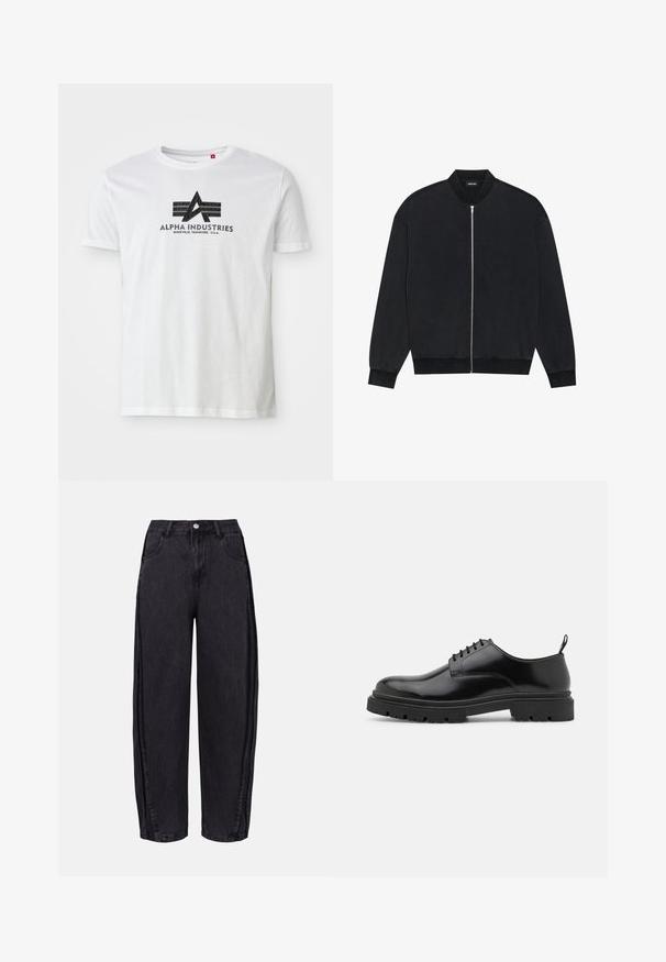 Sort bomberjakke lavet af glat stof, med lynlås på fronten, ribbet krave og lange ærmer med elastiske manchetter.; Hvid bomulds t-shirt med et sort grafisk logo med et "A" og to vandrette striber, mærket "Alpha Industries" med placering detaljer nedenfor.; Sorte vidde jeans lavet af denim med en glat tekstur. Har højt liv, forlommer og knappelukning i taljen.; Sorte læder snørebåndssko med en afrundet tå, glat overflade og ribbet gummisål. Har en lille hæl og en løkke bagpå.