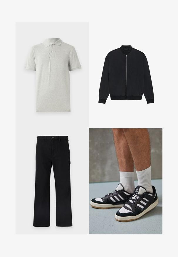Črna bomber jakna iz gladke tkanine, z zadrgo spredaj, rebrastim ovratnikom in dolgimi rokavi z elastičnimi manšetami.; Siva polo majica iz mehkega bombaža. Ima klasičen ovratnik, plakat s tremi gumbi in kratke rokave. Gladka tekstura brez vzorcev.; Črne bombažne hlače z ravnimi nogavicami, z zapenjanjem na gumbe, z zankami za pas in stranskimi žepi. Gladek tekstura brez vidnih vzorcev ali oznak.; Črno-bele superge z zgornjim delom iz usnja in nubuka, ki imajo tri bele črte, perforiran vrh prstov in podplat iz gume.