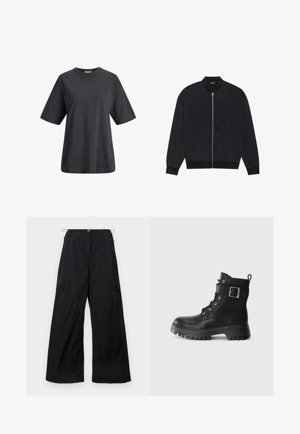 Crna bomber jakna od glatkog materijala, s prednjim zatvaračem, rebrastim ovratnikom i dugim rukavima s elastičnim manžetama.; Crna pamučna majica s okruglim izrezom, kratkim rukavima i opuštenim krojem. Glatka tekstura i jednostavan dizajn bez printova ili uzoraka.; Široke crne hlače od laganog materijala, s prednjim gumbom, elastičnim pojasom s vezicom i detaljem bočne cargo džepa.; Crne kožne borbene čizme sa debelim gumenim đonom, vezanjem sprijeda, remenom oko gležnja sa srebrnom kopčom i trakicom za povlačenje na leđima.
