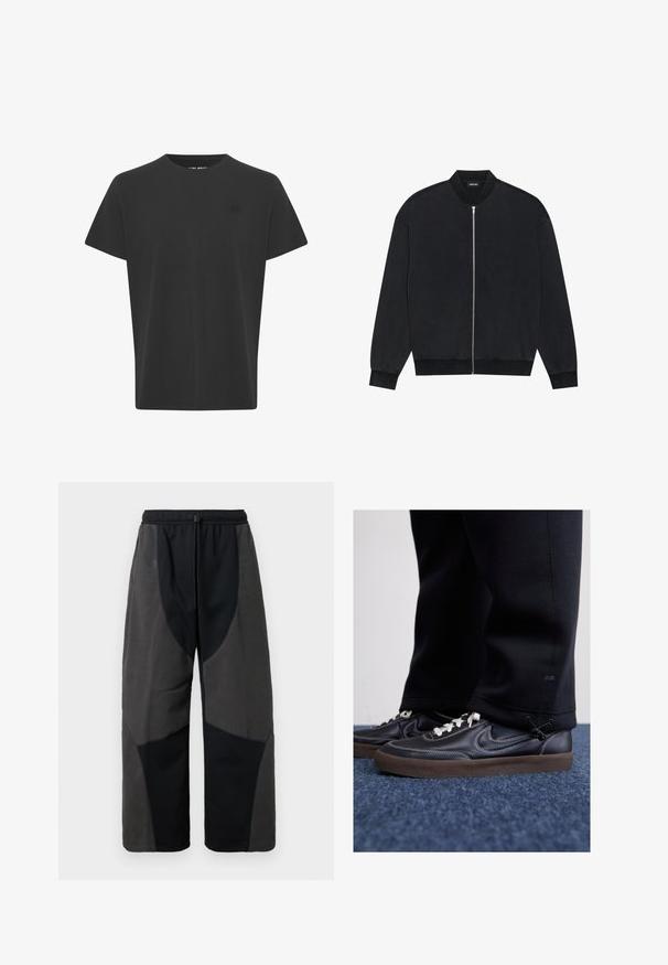 Svart bomberjakke laget av glatt stoff, med glidelås foran, ribbestrikket krage og lange ermer med elastiske mansjetter.; Svart t-skjorte med korte ermer i bomull. Har rund hals og en liten logo øverst til venstre, glattsk texture.; Svarte bukser med fleece-detaljer i en avslappet passform, med kontrasterende mørkegrå stoffpaneler og justerbar snor i midjen.; Nike Sportswear KILLSHOT 2 LTR PRM OPP2 - Joggesko - black sail baroque brown mtlc dk grey