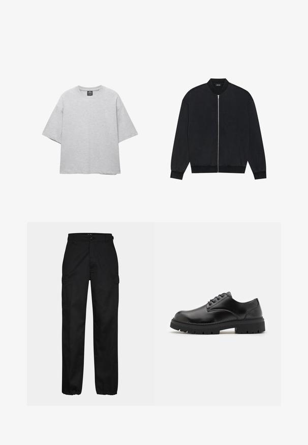 Sort bomberjakke lavet af glat stof, med lynlås på fronten, ribbet krave og lange ærmer med elastiske manchetter.; Lys grå oversized t-shirt lavet af bomuldsblandingsstof, med rund halsudskæring og korte, brede ærmer. Enkel design uden mønstre.; Sorte cargo bukser med lige pasform, der har sidelommer, knaplukning og elastiske manchetter ved anklerne. Fremstillet af slidstærkt stof.; Sorte lædersko med rund tå, snørelukning og en tykk, struktureret gummisål. Har syninger langs kanten og en glat overflade.