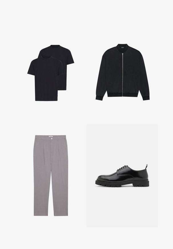 Black bomber jacket made of smooth fabric, featuring a zippered front, ribbed collar, and long sleeves with elastic cuffs.; Black cotton t-shirts in a crew neck design, featuring short sleeves and a relaxed fit, presented in a pack of two.; Grey tailored trousers with a straight cut, featuring two front pockets, pleats, and a button closure. Made from lightweight fabric.; Black leather lace-up shoes with a rounded toe, smooth texture, and ridged rubber sole. Features a small heel and a pull tab at the back.