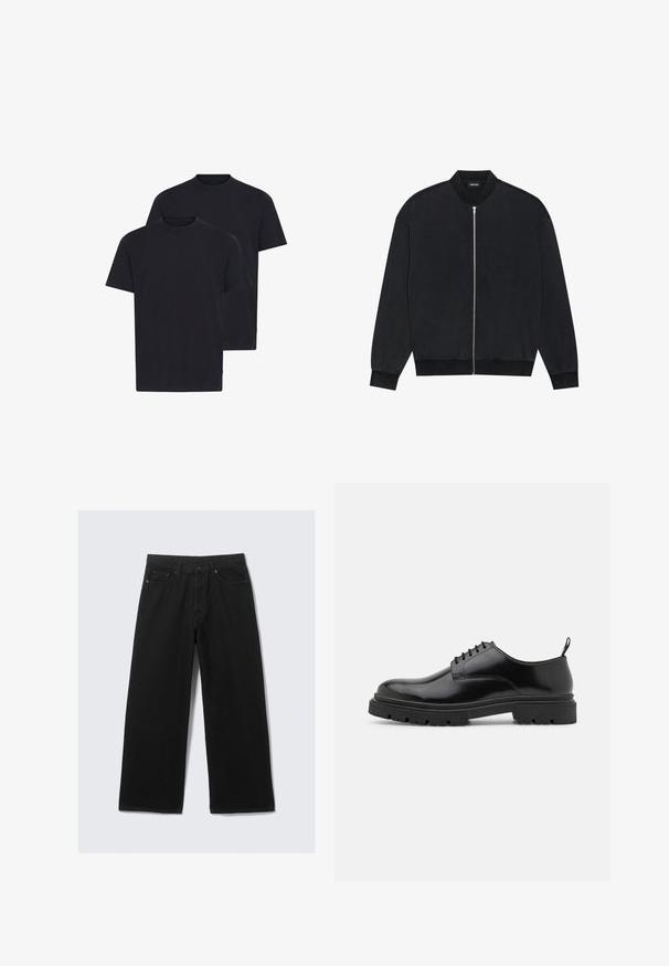 Mustmust hülg, mis on valmistatud siledast kangast, millel on lukuga esiosa, ribikrae ja pikad varrukad elastsete soonikutega.; Mustadest puuvillast T-särgid ümmarguse kaeluse disainiga, lühikeste varrukatega ja lõdva lõikega, pakendis kahekaupa.; Mustad mustad püksid, mis on valmistatud denimist, klassikalise viie tasku kujundusega ja struktureeritud vöökohaga, kus on vööaasad.; Mustad nahast kingad, millel on ümar nina, sile tekstuur ja sooniline kummist tald. Omavad väikest kontsi ja tõmblinti taga.