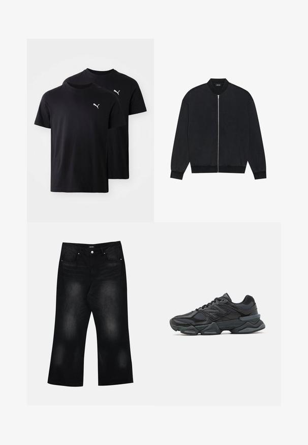Črna bomber jakna iz gladke tkanine, z zadrgo spredaj, rebrastim ovratnikom in dolgimi rokavi z elastičnimi manšetami.; Črne bombažne majice v paketu po dve. Imajo okroglo ovratnik, kratke rokave in beli Puma logotip na zgornji levi strani.; Črne široke kavbojke iz denima, z dvema sprednjima žepoma, subtilnim bledenjem in gumbom za zapiranje v pasu.; Črne tekaške superge, ki združujejo mrežaste in sintetične materiale, imajo debel podplat, ukrivljen oblikovni slog ter izrazito blagovno znamko na strani.