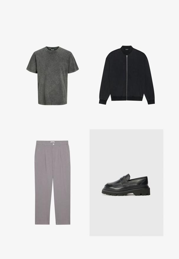 Melna bomber jaka, izgatavota no gludas auduma, ar iešujamu priekšu, ribu apkakli un garām piedurknēm ar elastīgām aprocēm.; Īsām piedurknēm T-krekls izbalējušā tumši pelēkā krāsā, izgatavots no mīksta auduma ar apaļu kaklu un brīvu piegriezumu. Gluda tekstūra, bez rakstiem.; Pelēkas uzvalka bikses ar taisnu griezumu, kas aprīkotas ar divām priekšējām kabatām, izšuvēm un pogu aizdari. Izgatavotas no viegla auduma.; Melnas ādas mokasīni ar noapaļotu purngalu, kuriem ir zema, masīva gumijas zole ar rakstainu protektoru un salocīta jostas detaļa uz purnga.