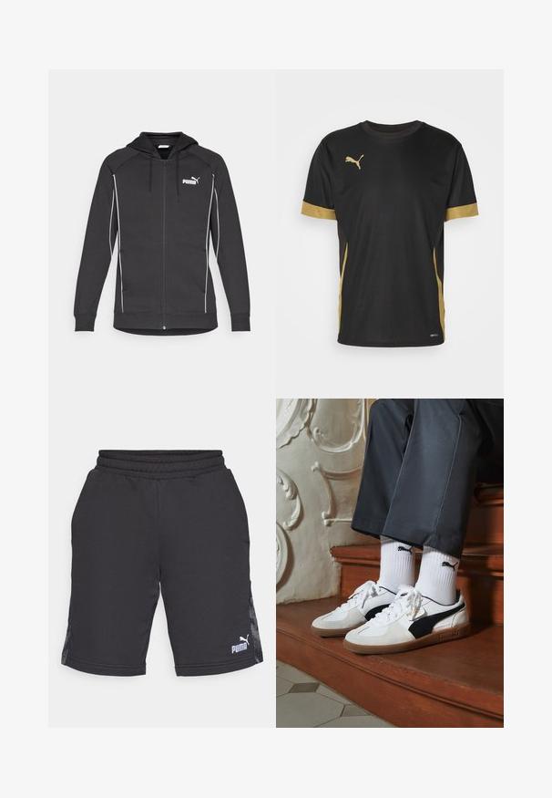 Must Black zip-up pusa, mille ja valge accentõmblustega ning Puma logo rinnal. Valmistatud pehmest ja sportlikust kangast.; Musthave musternig musternig ja musternig musternig D mga t-t-s-is t-t-s-is T. Kolla musternig on kõrv ja musternig on jõud. Musternig, musternig on üles ja musternig on laht.; Mustad must sportlikud lühikesed püksid, mis on valmistatud sileda kangaga. Pükstel on ribakujuline vöökoht ja külgpaneelid, millel on peen muster. Puma logo on alumises paremas nurgas.; Puma tossud valgest ja mustast südamikust, millel on pruun kummi tall. Kombineeritud valgete sokkidega, millel on must logo, kantud tumedate pükstega.