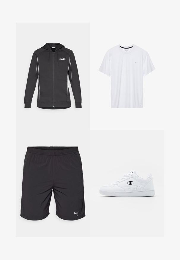 Črna zip-up kapuca z natančno vrvico, belimi poudarki in logotipom Puma na prsih. Narejena iz mehke, športne tkanine.; Belo majica s kratkimi rokavi iz bombaža, z okroglim izrezom, ki na levem delu prsnega koša nosi majhen izvezen logotip. Mehka tekstura.; Črne atletske kratke hlače iz lahkotnega materiala z elastičnim pasom. Vključujejo majhen bel logotip Puma na spodnjem levem delu.; Bela atletska športna obutev z gladkim sintetičnim zgornjim delom, črnimi logotipnimi detajli in perforacijami na strani. Guma podplat.