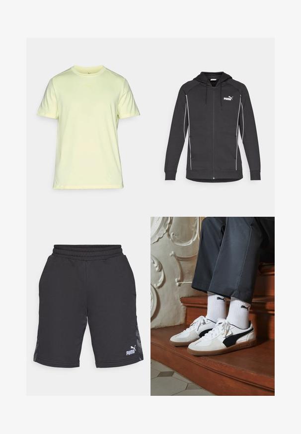 Black zip-up hoodie with a drawstring hood, white accent piping, and a Puma logo on the chest. Made of soft, athletic fabric.; Light yellow athletic t-shirt made of soft, lightweight fabric. Features a crew neck and short sleeves with a subtle logo on the chest.; Black athletic shorts made from a smooth fabric, featuring a ribbed waistband and side panels with a subtle pattern. Puma logo on the lower right.; Puma sneakers in white and black suede, featuring a brown rubber sole. Paired with white socks displaying a black logo, worn with dark pants.