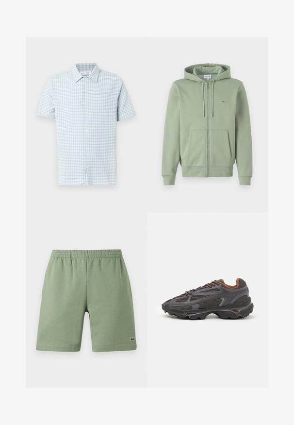 Svjetlozelena dukserica sa zatvaračem, izrađena od mekog materijala. Ima kapuljaču sa užetom, kenguruh džepove i mali logo na prsima.; Košulja s kratkim rukavima s gumbima, u svijetloplavoj i bijeloj karo uzorku. Izrađena od lagane tkanine s klasičnim ovratnikom i standardnim krojem.; Zelene pamučne kratke hlače s elastičnom strukom, opuštenog kroja i malim izvezenim logom na donjoj lijevoj strani. Glatka tekstura, bez džepova.; Lacoste tenisice u tamno sivoj boji s mrežastim i sintetičkim materijalom, s teksturiranom potplatom i smešnim akcentima na ovratniku i brandiranju.