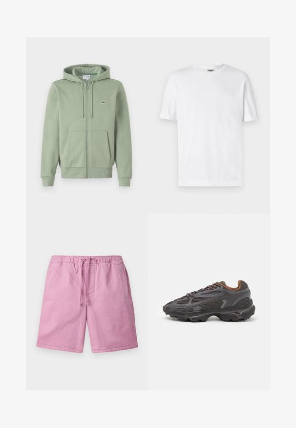 Light green zip-up hoodie made of soft fabric. Features a drawstring hood, kangaroo pockets, and a small logo on the chest.; White cotton t-shirt with a crew neck, short sleeves, and rolled cuffs; unadorned design, soft texture, and straight cut.; Light pink shorts made of a soft material, featuring an elastic waistband with a drawstring, and side pockets. Straight-cut legs, no patterns.; Lacoste sneakers in dark gray with mesh and synthetic material, featuring a textured sole and brown accents on the collar and branding.