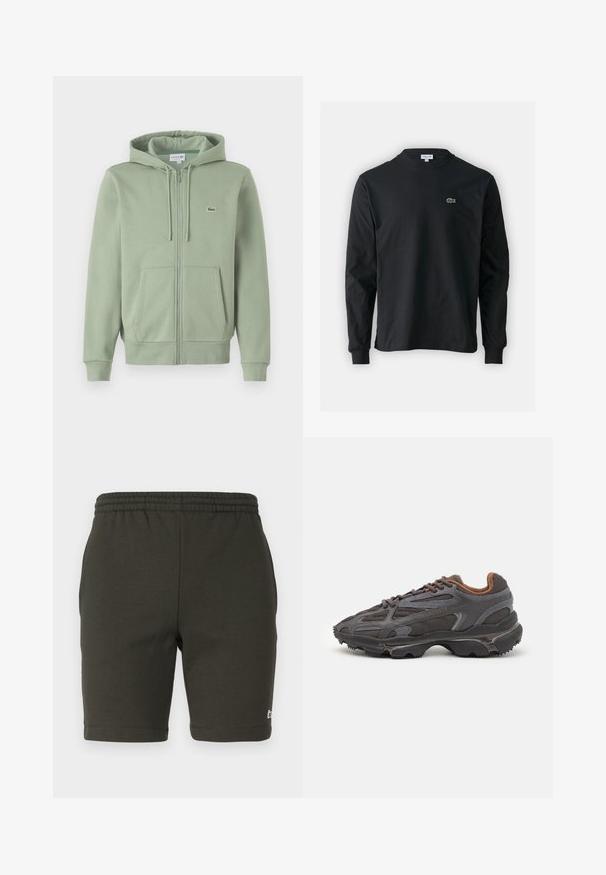 Ljusgrön zip-up huvtröja av mjukt tyg. Har en dragsko på huvan, kängurufickor och en liten logotyp på bröstet.; Svart långärmad t-shirt i bomull, med rund halsringning och en liten grön broderad krokodil-logotyp på vänster bröst.; Mörkgröna shorts med elastisk midja, tillverkade av mjukt tyg. Har en rak passform, fållade ben och en liten logotyp på nedre högra sidan.; Lacoste-sneakers i mörkgrått med nät och syntetmaterial, med en strukturerad sula och bruna detaljer på kragen och varumärket.