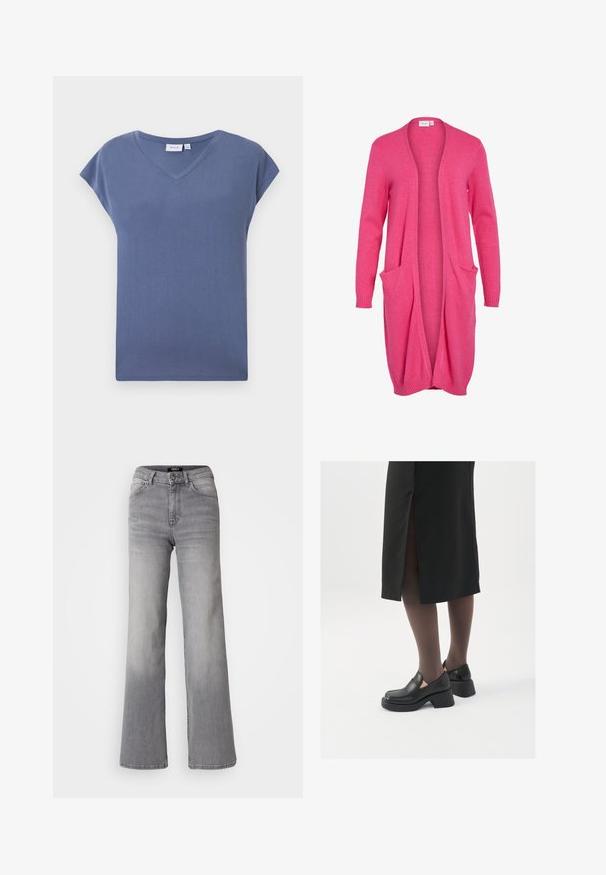 Hosszú, nyitott elülső kardigán élénk rózsaszínben. Puha anyagból készült, bordás mandzsettákkal és két elülső zsebbel. Kényelmes, laza fit.; V-nyakú, rövid ujjú póló halvány kék színben, puha pamut anyagból, sima textúrával és laza fazonnal.; Magasan derekú, egyenes szárú, szürke farmernadrág, elől gombbal és cipzárral, elülső és hátsó zsebekkel, valamint elhalványodott árnyékolással a combokon és a vádlikon.; Fekete bőr cipők lekerekített orral, vastag blokk sarkakkal és elasztikus oldalsó díszítésekkel, sötét harisnyával és hasítékkal ellátott fekete szoknyával párosítva.