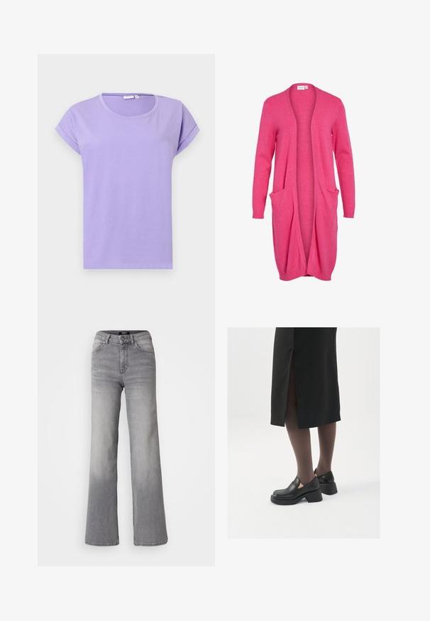 Lang åben cardigan i lys pink. Fremstillet af blødt materiale med ribbede manchetter og to frontlommer. Casual, afslappet pasform.; Lilla kortærmet t-shirt lavet af blødt bomuld. Har rund halsudskæring, optrukne ærmer og en afslappet pasform. Enkelt design uden mønstre.; Højtaljede grå denim jeans med lige ben, med frontknap og lynlås, foran og bagpå lommer, samt nedtoning på lår og lægge.; Sorte lædersko med rund tå, kraftig blokhæl og elastiske sideaccentuer, parret med mørke strømpebukser og en sort nederdel med slids.