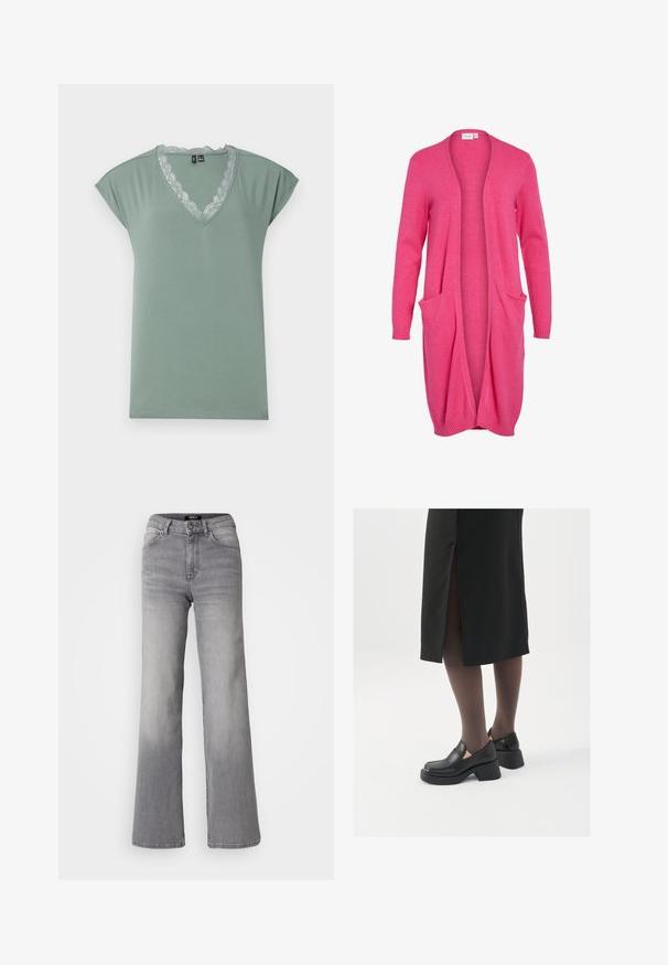 Lang, åpen-front cardigan i lys rosa. Laget av mykt stoff med ribbede mansjetter og to frontlommer. Uformell, avslappet passform.; Lys grøn V-hals t-shirt lavet af blød stof med blonderkant langs halsudskæringen, med korte kapærmer og en afslappet pasform.; Høyt liv, rette ben grå denimbukser med frontknapp og glidelås, front- og baklommer, samt falmet skygge på lår og legger.; Sorte lærersko med rund tå, tykk blokkheel og elastiske sideaksenter, sammen med mørke strømpebukser og et svart skjørt med splitt.