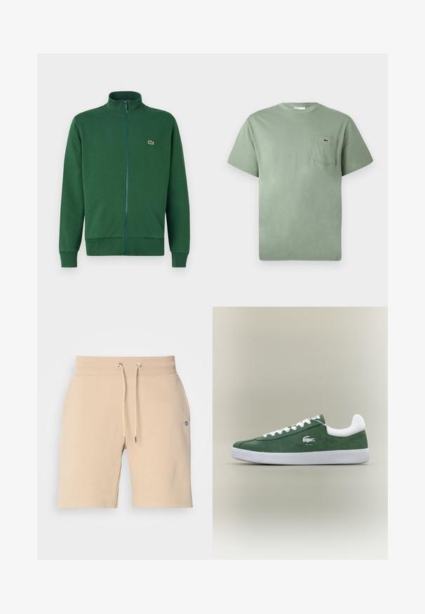 Grön zip-up jacka av mjukt tyg, med hög krage och ribbade ärmslut. Lacoste-logotypen är placerad på vänster bröst.; Ljusgrön kortärmad bomull T-shirt med en bröstficka som har en liten broderad krokodil-logga.; Beiga bomullsshorts med elastisk midja, justerbar dragsko och sidofickor. Har en liten logotyp på vänstra låret.; Lågprofil grön mockasneaker med vita snören, vit sula, vadderad hälen och broderad krokodil-logotyp med texten "ETB. 1933".