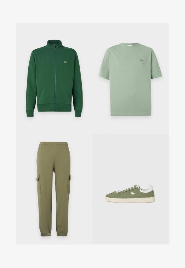 Grüne Reißverschlussjacke aus weichem Stoff, mit hohem Kragen und gerippten Bündchen. Lacoste-Logo auf der linken Brustseite.; Hellgrünes T-Shirt mit kurzen Ärmeln aus Baumwolle, mit einem kleinen gestickten Logo auf der Brust und einem Rundhalsausschnitt.; Cargo-Hosen aus leichtem, olivgrünem Stoff mit Seitentaschen, elastischem Bund und schmal zulaufenden Bündchen für eine bequeme Passform.; Grüne Leinenschuhe mit weißen Schnürsenkeln und einer weißen Fersenkappe. Mit einem weißen Lacoste-Logo. Klassische Niedrigschnitt-Silhouette und Gummisohle.