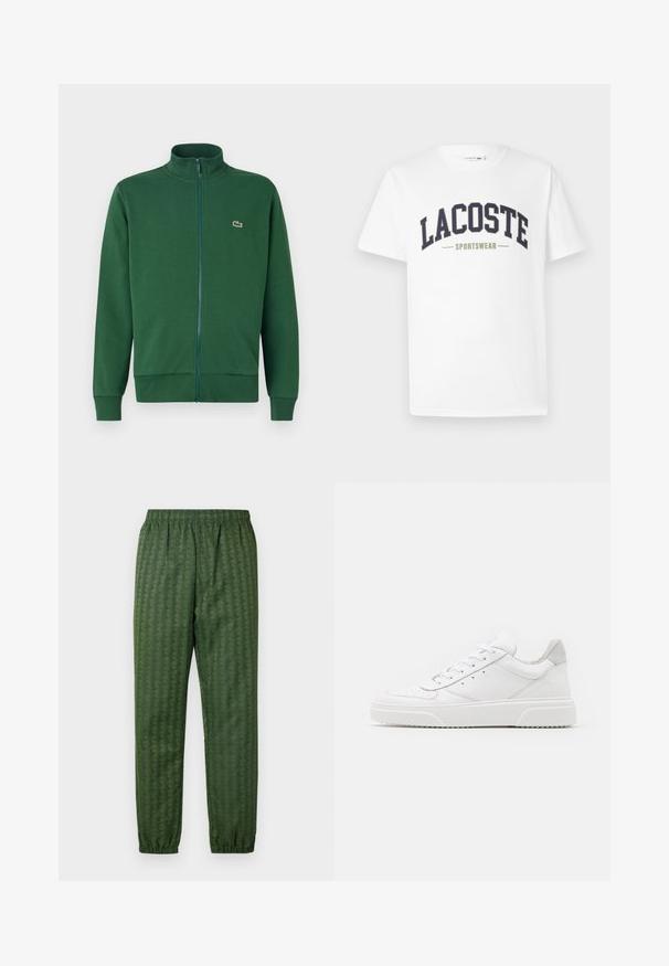 Green zip-up jacket made of soft fabric, featuring a high collar and ribbed cuffs. Lacoste logo displayed on the left chest area.; White t-shirt made of cotton featuring a navy and olive green "LACOSTE SPORTSWEAR" logo printed across the chest in a curved design.; Green patterned athletic pants with an elastic waistband, tapered legs, and a geometric design feature throughout. Made of lightweight material.; White leather sneakers with a smooth finish, rounded toe, flat laces, and a textured sole. Grey suede accent at the heel.