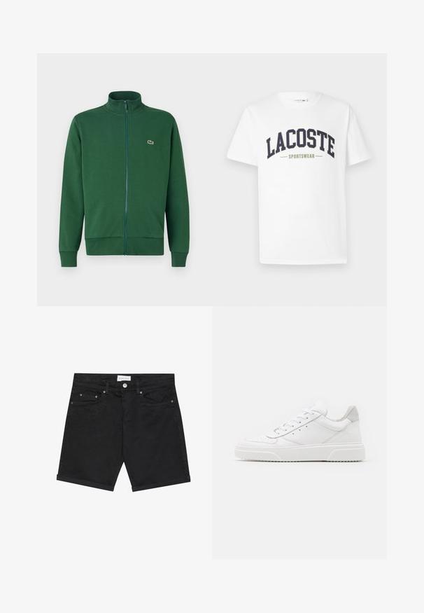 Chaqueta verde con cremallera hecha de tela suave, que presenta un cuello alto y puños acanalados. Logo de Lacoste en la parte izquierda del pecho.; Camiseta blanca de algodón con un diseño curvado de logo "LACOSTE SPORTSWEAR" en color azul marino y verde oliva impreso en el pecho.; Shorts de mezclilla negra con un corte clásico, que cuentan con cierre de botón, cinco bolsillos y dobladillos enrollados. Textura suave con detalles de patrón sutil.; Zapatillas de cuero blanca con un acabado suave, punta redondeada, cordones planos y una suela texturada. Acento de ante gris en el talón.