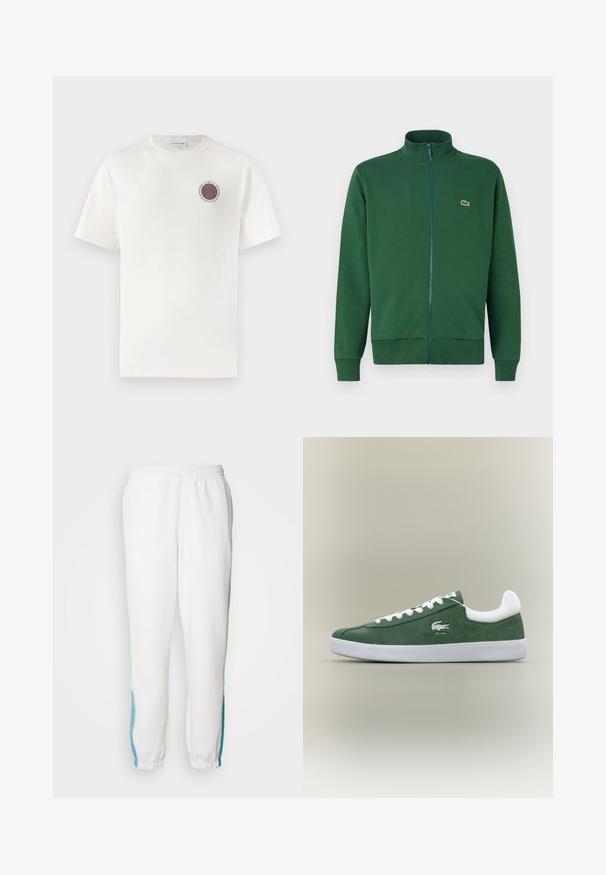 Zelená zipová bunda vyrobená z měkké látky, s vysokým límcem a pružnými manžetami. Logo Lacoste je umístěno na levém prsu.; Bílý bavlněný tričko s krátkým rukávem, na levém hrudníku s kulatým modro-oranžovým logem "Tennis Heritage".; Bílé teplákové kalhoty s elastickým pasem, se zelenými a modrými bočními pruhy. Měkká látka s tapered (zkoseným) designem na kotnících.; Nízkoprofilové zelené semišové tenisky s bílými tkaničkami, bílou podrážkou, polstrovaným límcem kolem paty a vyšívaným logem krokodýla s textem "EST. 1933".