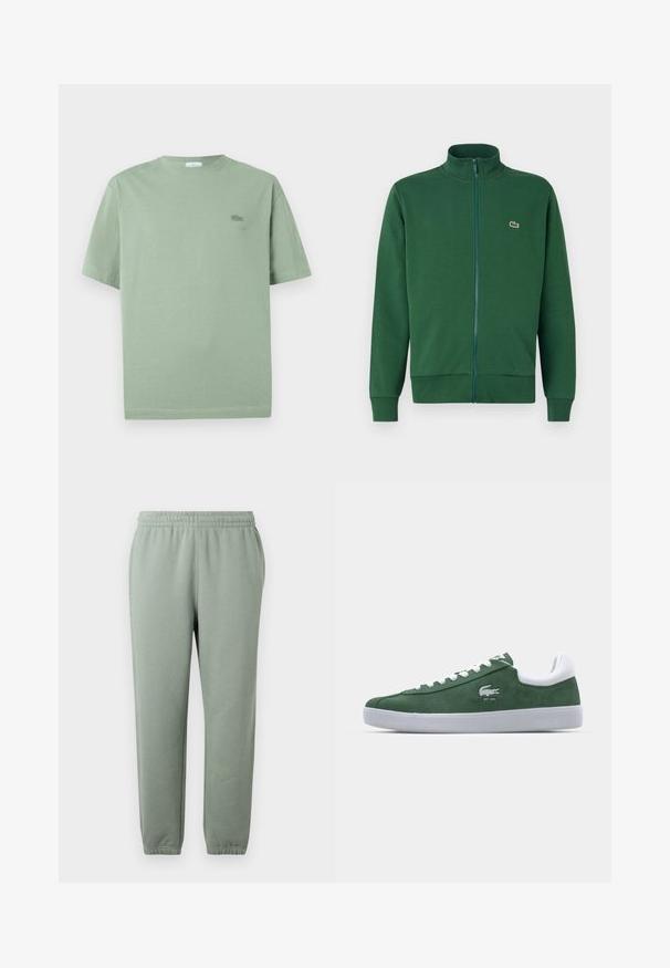 Vihreä vetskärillä varustettu takki, joka on valmistettu pehmeästä kankaasta. Takissa on korkea kaulus ja resorit hihansuissa. Lacoste-logo on sijoitettu vasemmalle rintataskulle.; Vaaleanvihreä lyhythihainen T-paita, joka on valmistettu puuvillasta. Paidassa on pieni brodeerattu logo rinnassa ja pyöreä kaula-aukko.; Vaaleanvihreät collegehousut, joissa on joustava vyötärö, kapenevat lahkeet ja resorit nilkoissa. Valmistettu pehmeästä, kevyestä kankaasta.; Vihreät mokkakengät, joissa on valkoinen kumipohja, valkoinen kieli ja nauhat, sekä sivulla hillitty logo, jossa lukee "EST. 1933".